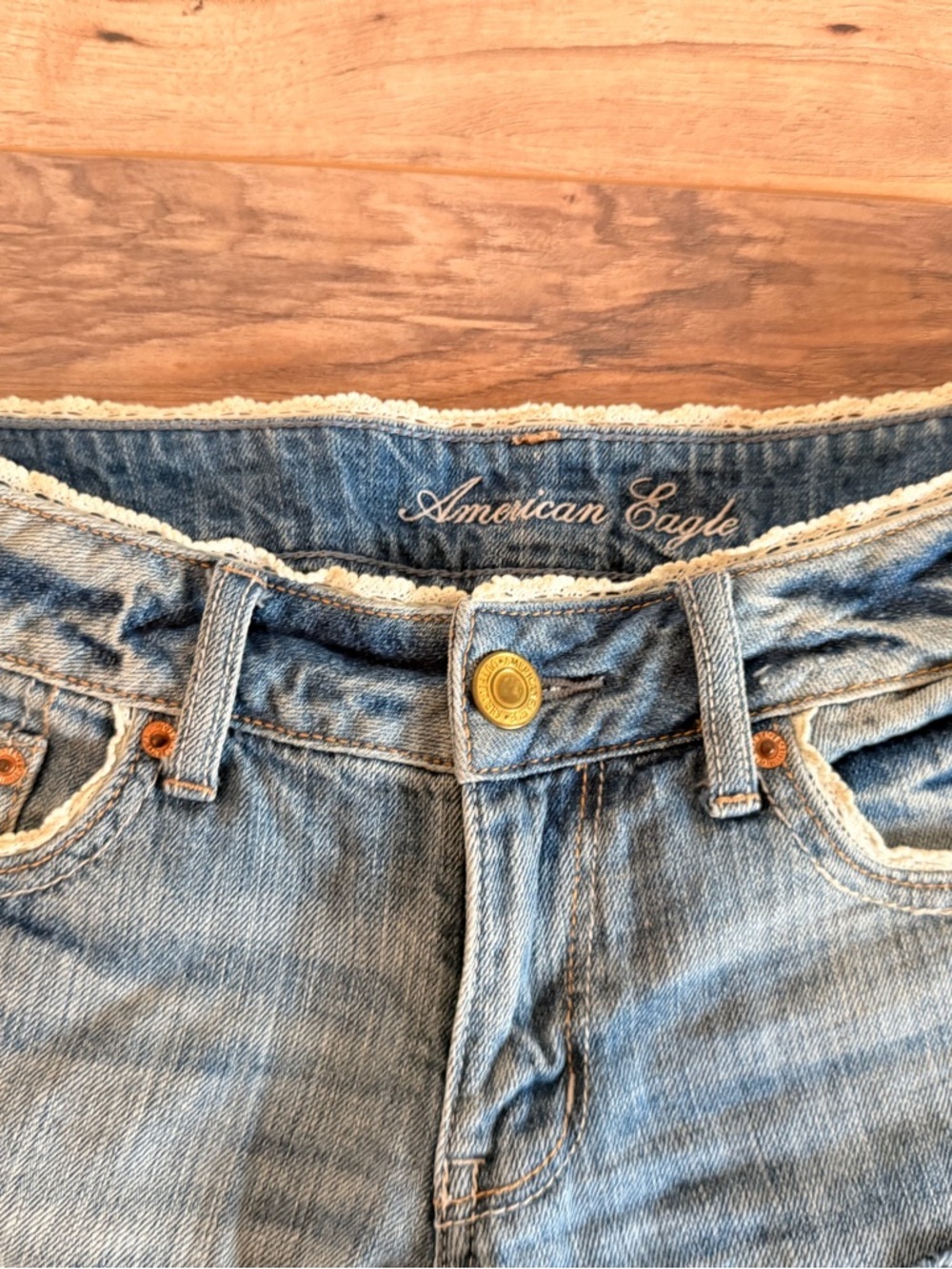 American Eagle Outfitters Light Blue Frayed Hem Denim Shorts Lace Detail - Picture 3 of 8